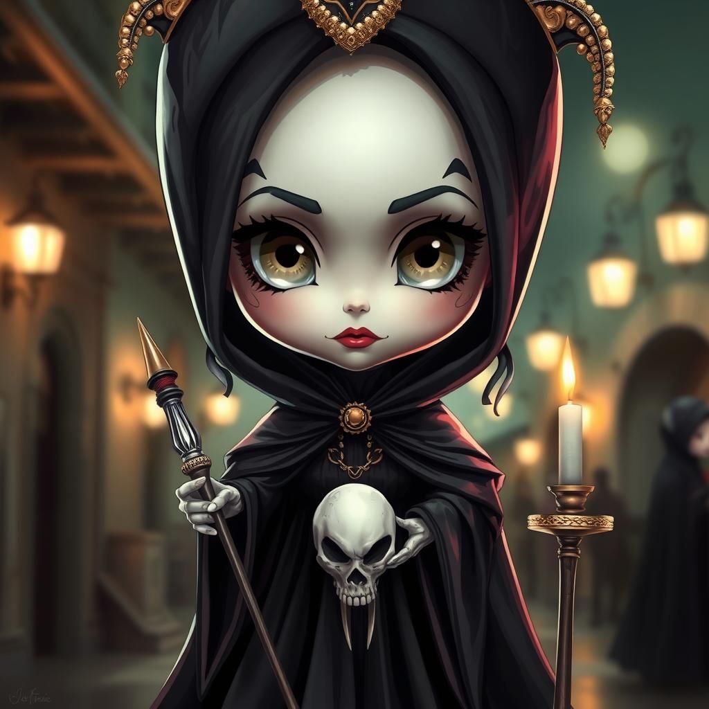 Detailed Chibi Voodoo Priestess with Skull