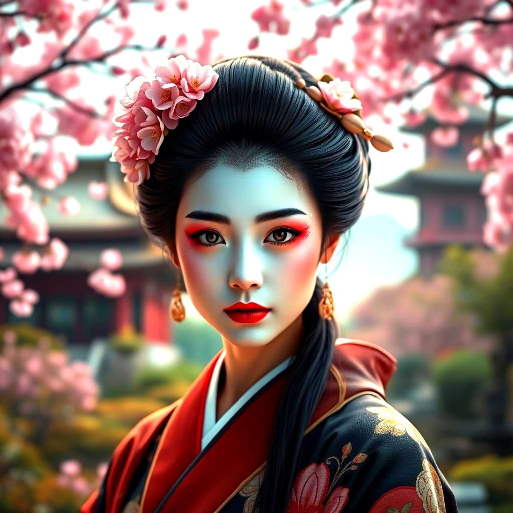 Geisha Portrait in Sakura Garden: Art Nouveau Style