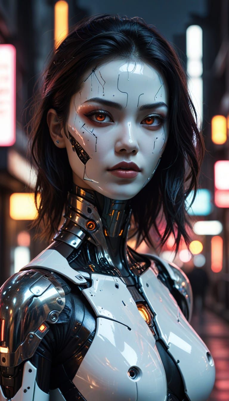 Asian Cyberpunk Android in Neon Cityscape