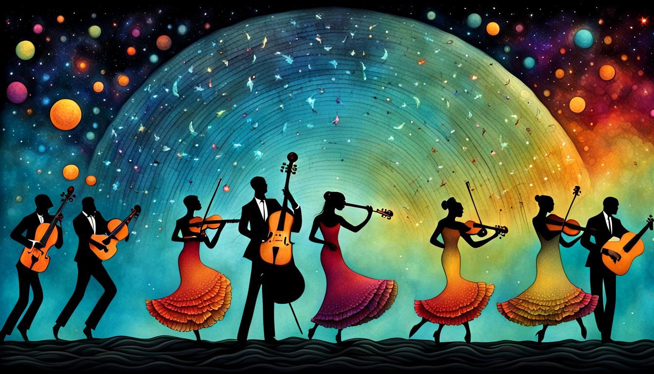 Bioluminescent Cosmic Serenade with Flamenco Dancers
