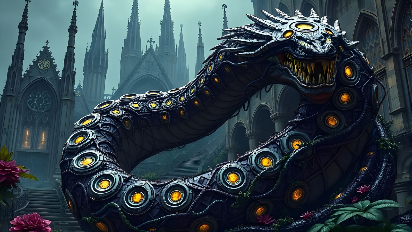 Biomechanical Serpent Coils Around Gothic Cathedral