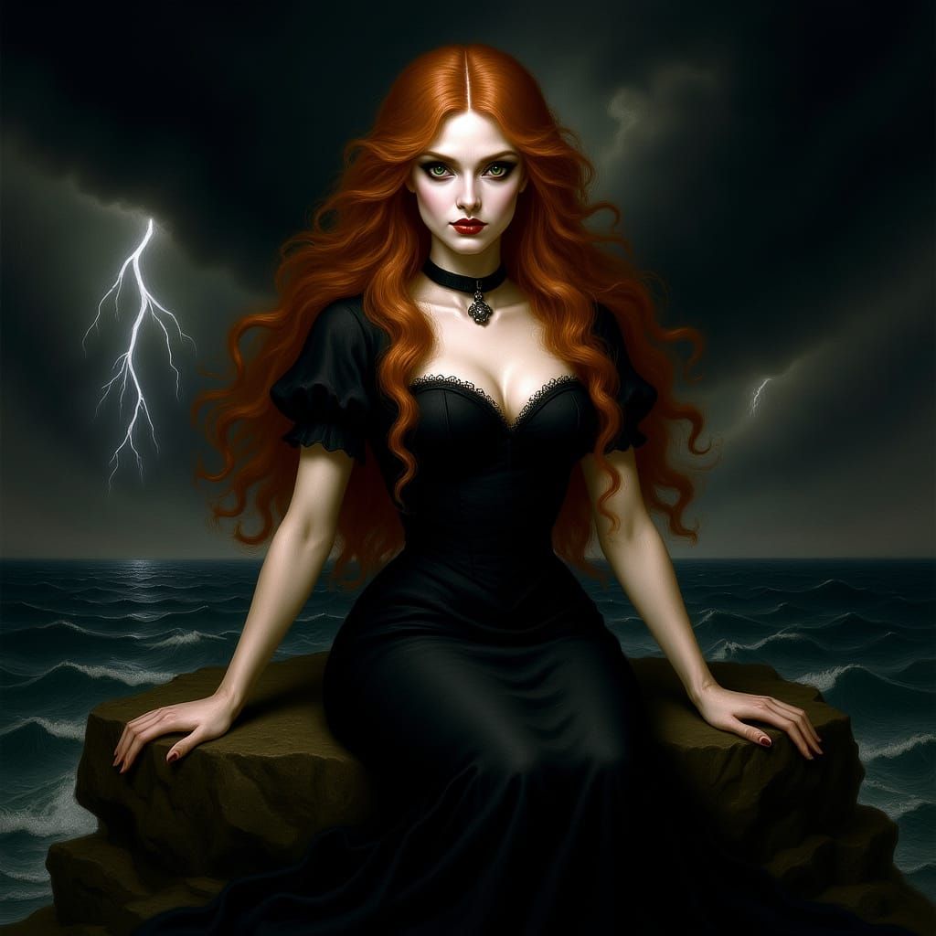 Gothic Mermaid in Stormy Sea, Romantic Style