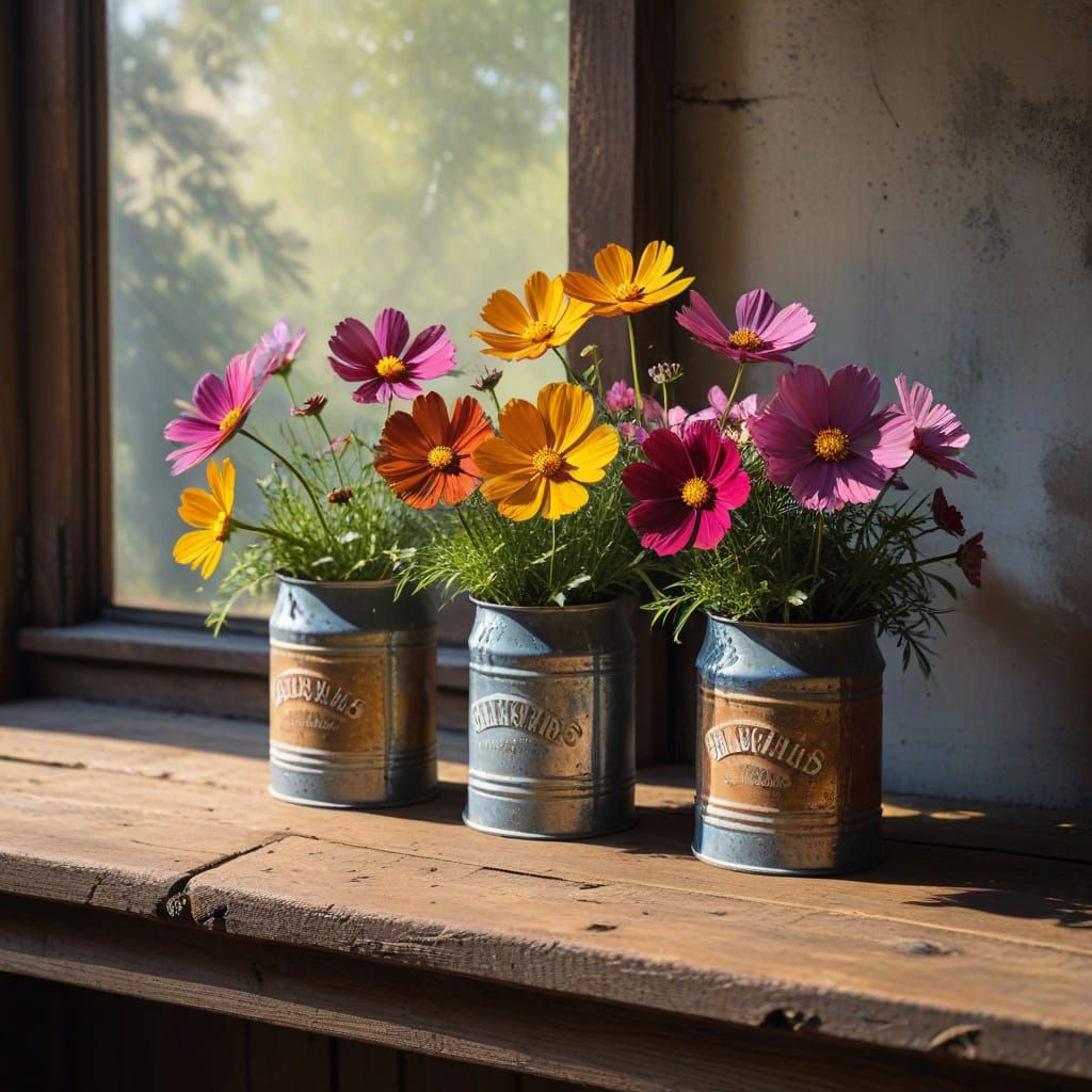 Impressionistic Cosmos Flowers in Vintage Cans