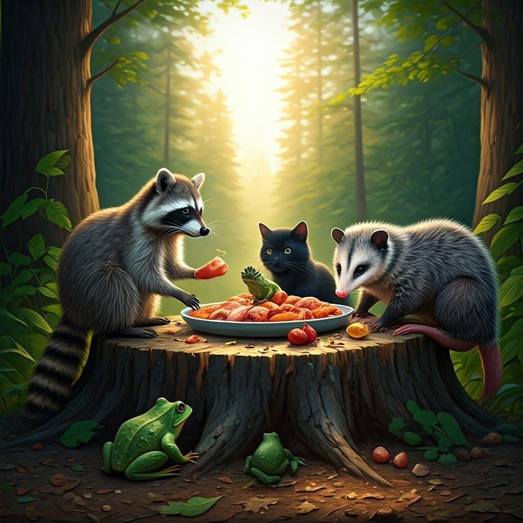 Woodland Creatures Feast in Whimsical Fantasy Style