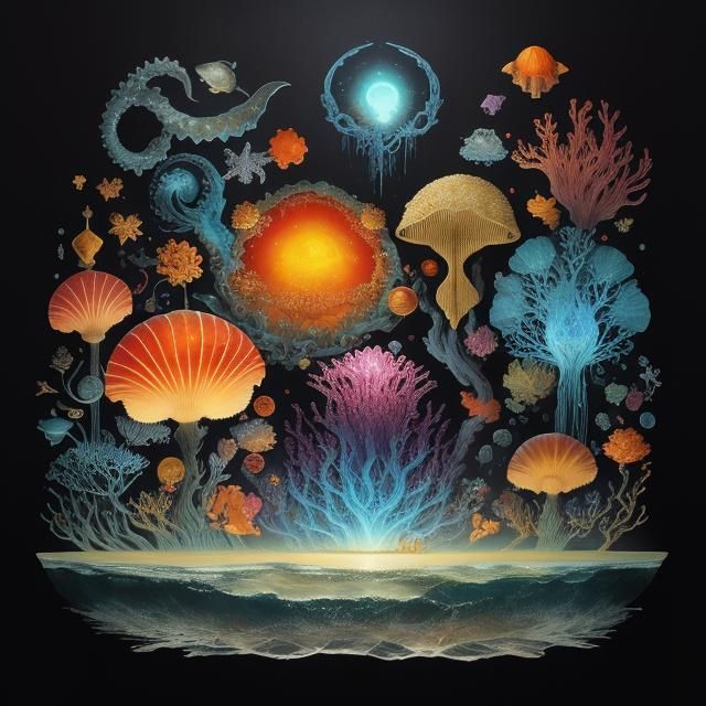 Bejeweled Ocean Scene with Bioluminescent Sea Life