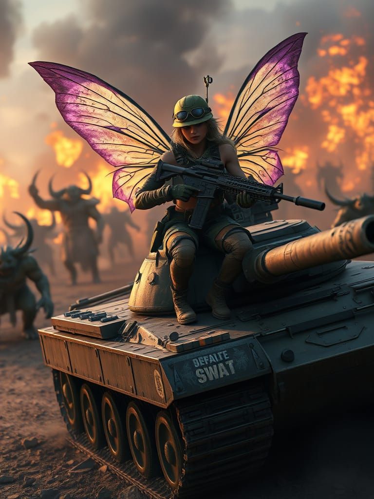 Fairy Warrior on Burning Battlefield, Digital Art