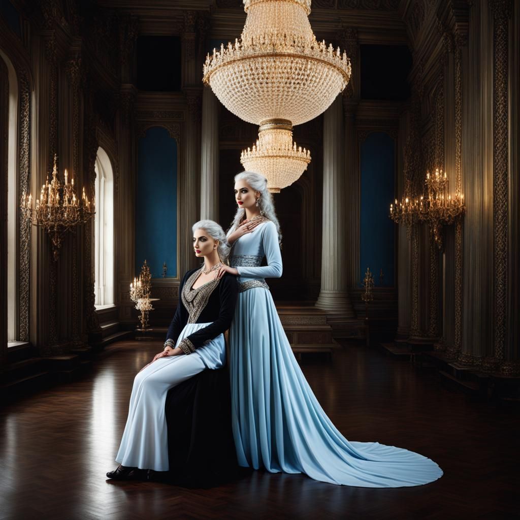 pale skinned blue eyed silver haired beautiful female dhampir with her beautiful servant standing watching opera