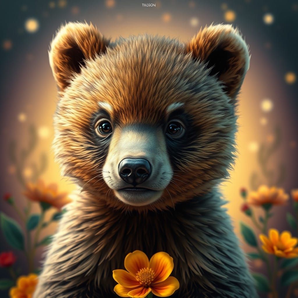 Surreal Art Nouveau Bear Cub Portrait in Vibrant Colors