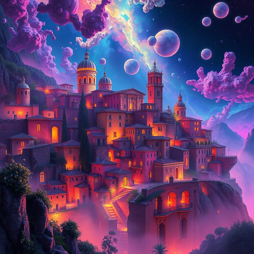 Dreamlike Pitigliano Cityscape in Psychedelic Style