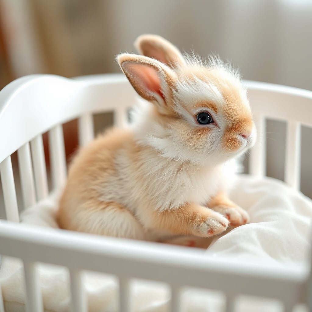 Fluffy Bunny in Whimsical White Crib Scene