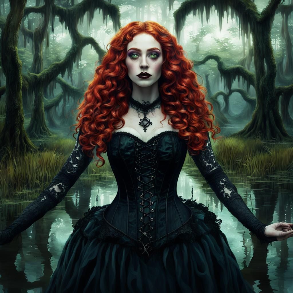 Cajun Bayou Witch Summoning Ghosts, Detailed Matte Painting