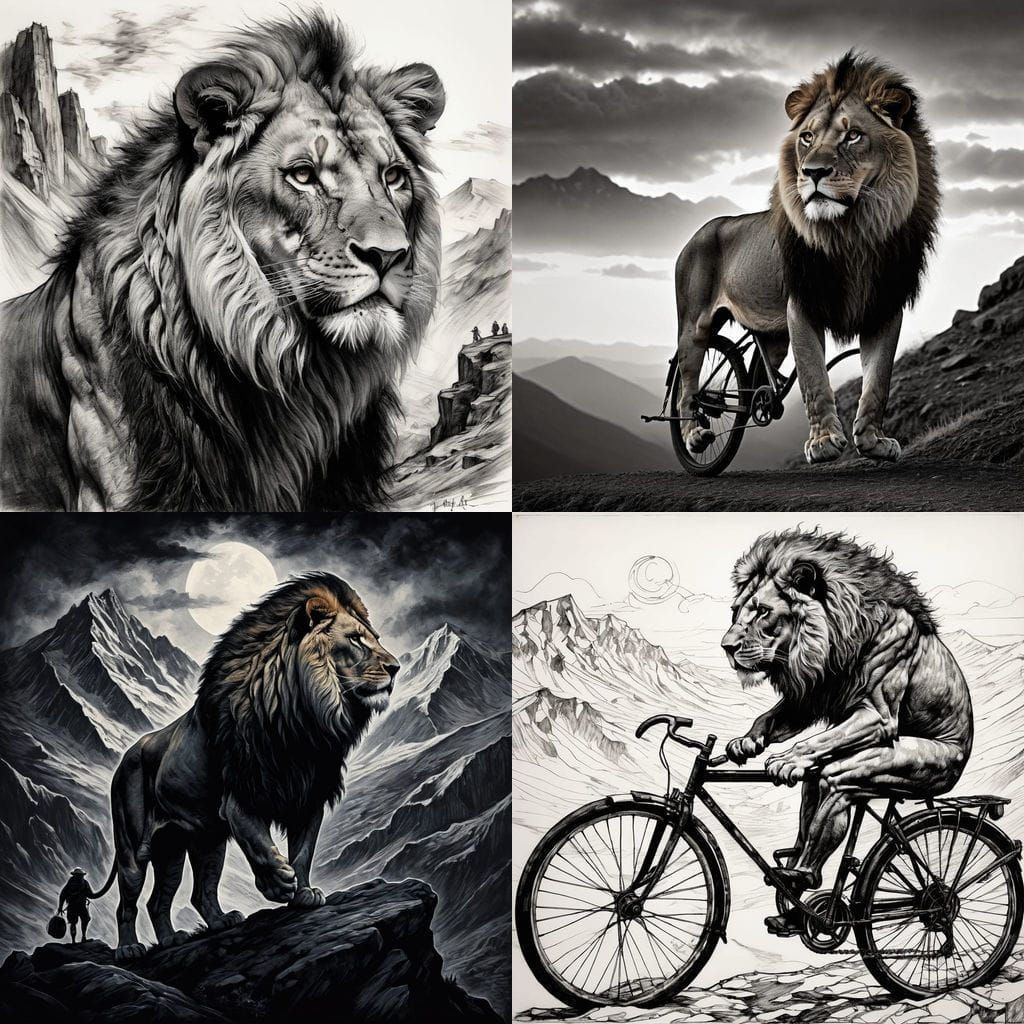 Lion Rides Bicycle on Mountain Crest in Charcoal Drawing