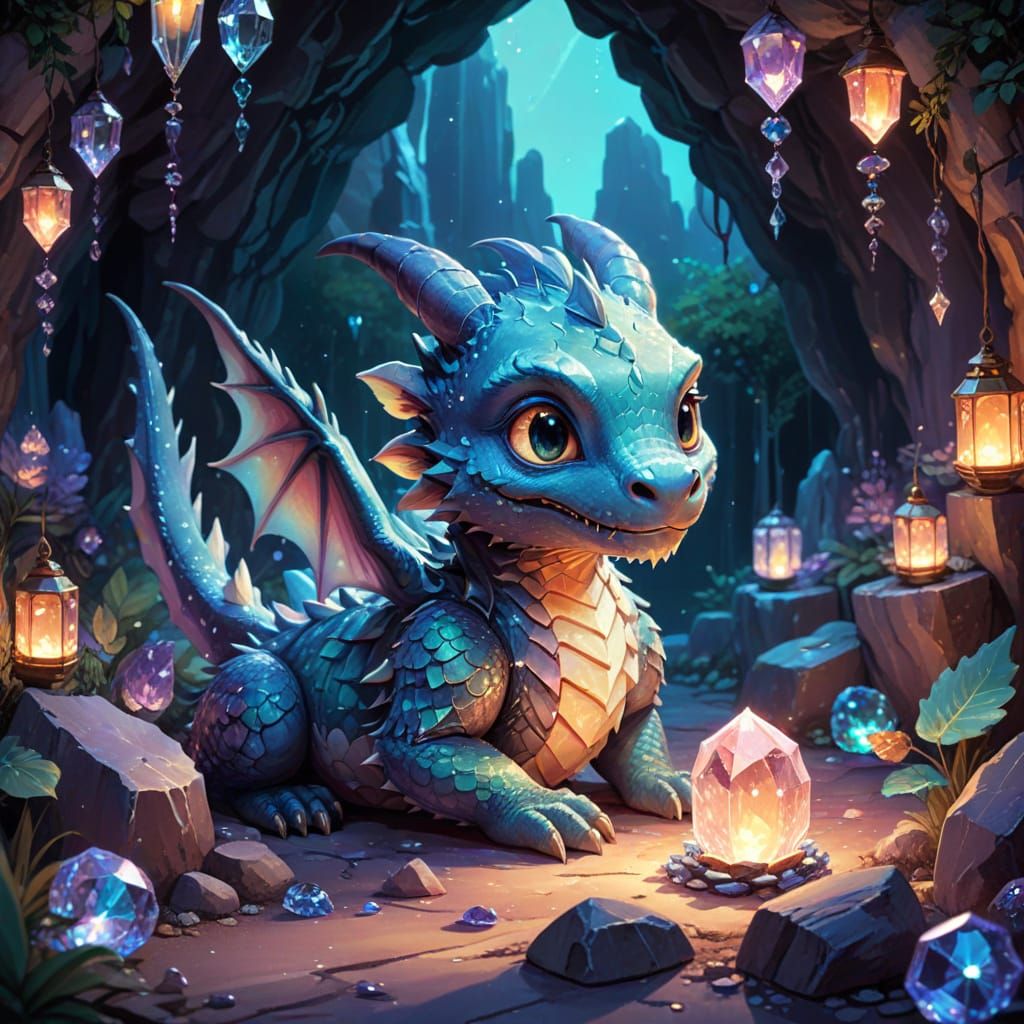 Chibi Dragon on Crystals in Studio Ghibli Style