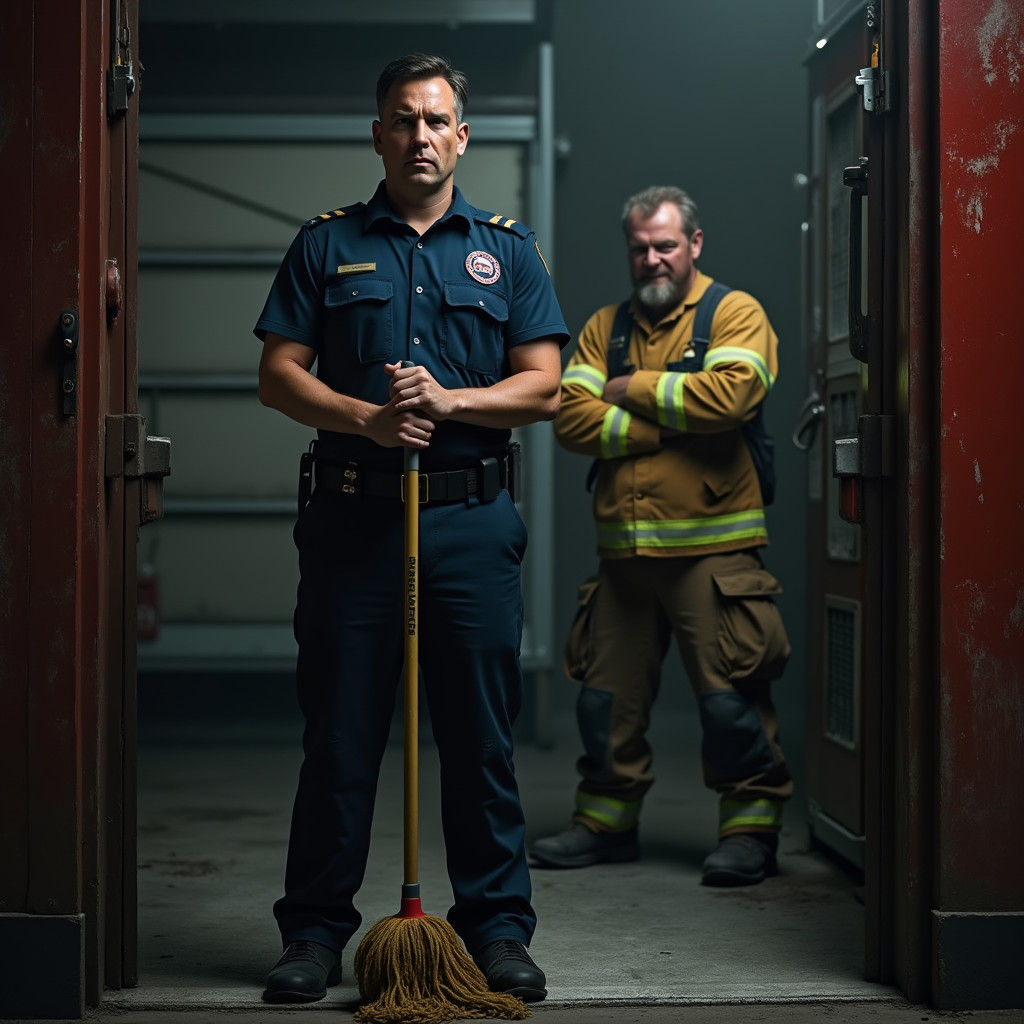 Fire Chief's Mop Duty: A Photorealistic Scene