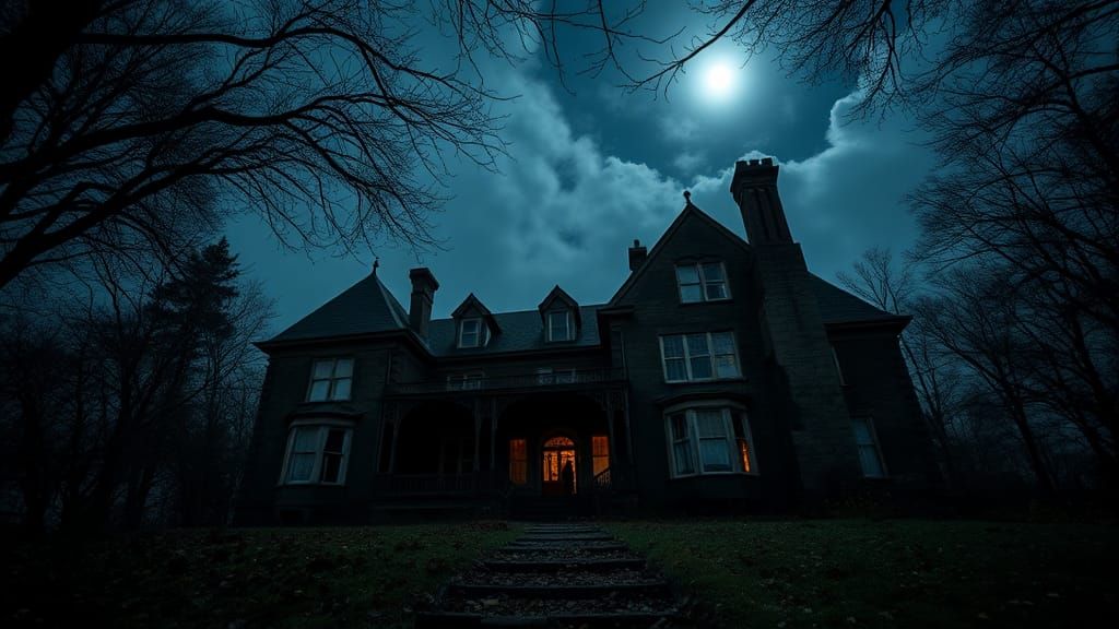 Dilapidated Manor in Moonlight: Low Angle View