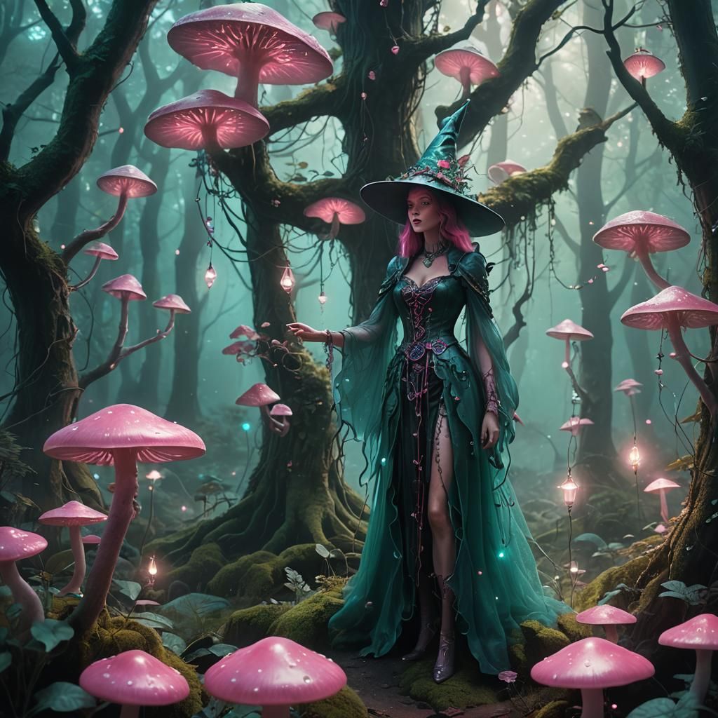 Pink Witch Coquette in Emerald Forest Illustration