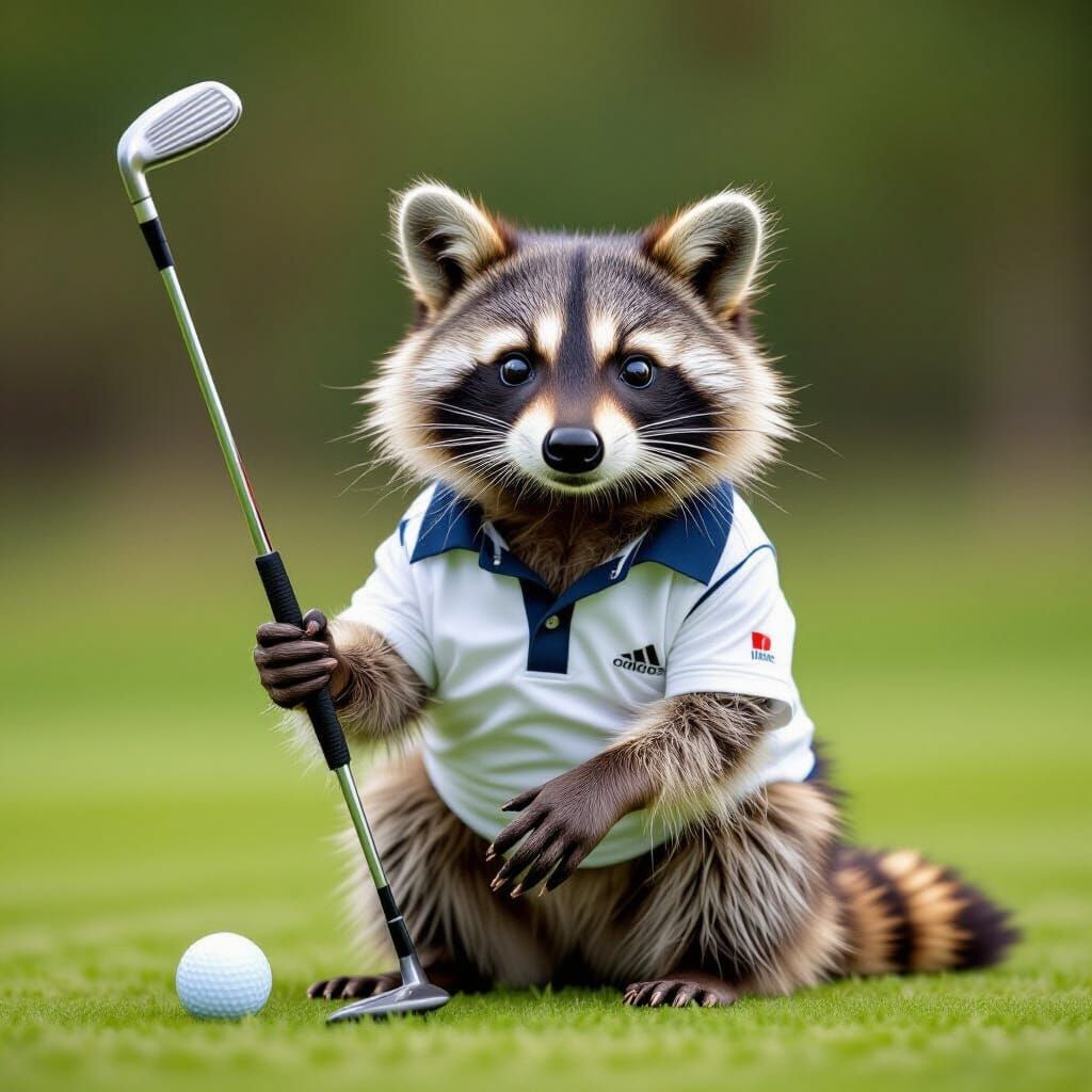 Racoon Golfer with Stick and Ball