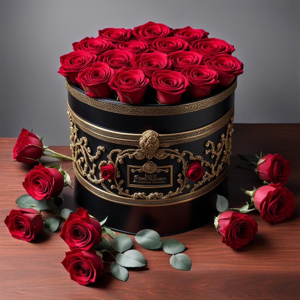Hyperrealistic Roses in Hat Box, Amanda Sage Style