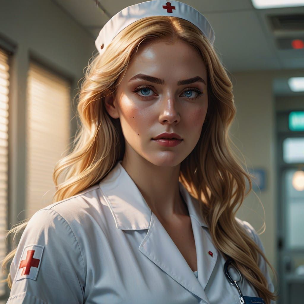 Golden-Haired Nurse in Hospital, Digital Art
