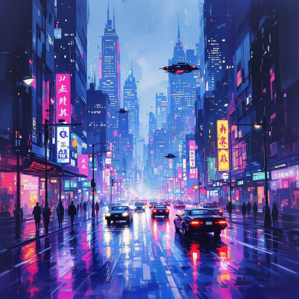 Cyberpunk Cityscape in Dreamy Watercolor Style