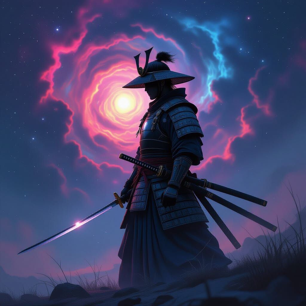 Samurai Warrior in Cosmic Nebula, Sci-Fi Concept Art Style