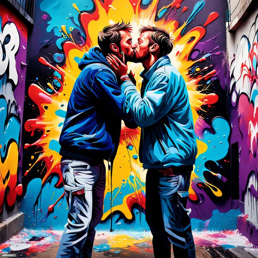 Passionate Embrace in Vibrant Street Art