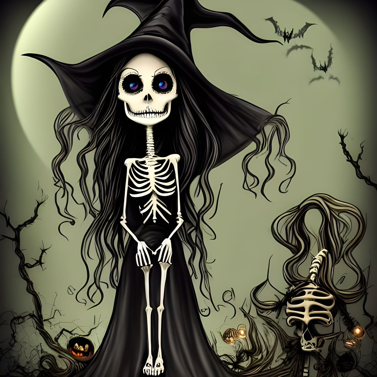 Creepy Witch in Burtonesque 3D Halloween Scene