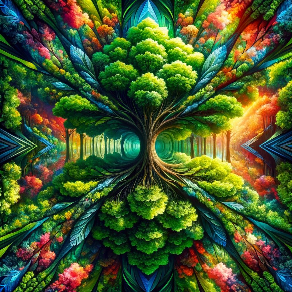 Kaleidoscopic Symmetry: Lush Tree in Vibrant Forest