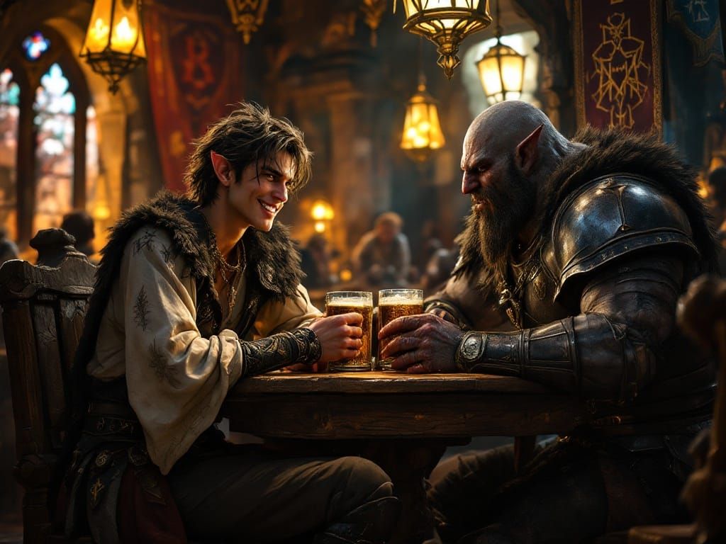 Elegant Fantasy Tavern Scene in Whimsical Art Style