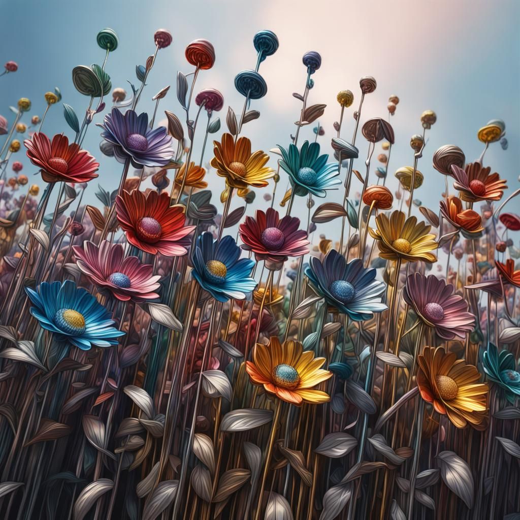 Hyperrealistic Metal Flower Field in Splash Art Style