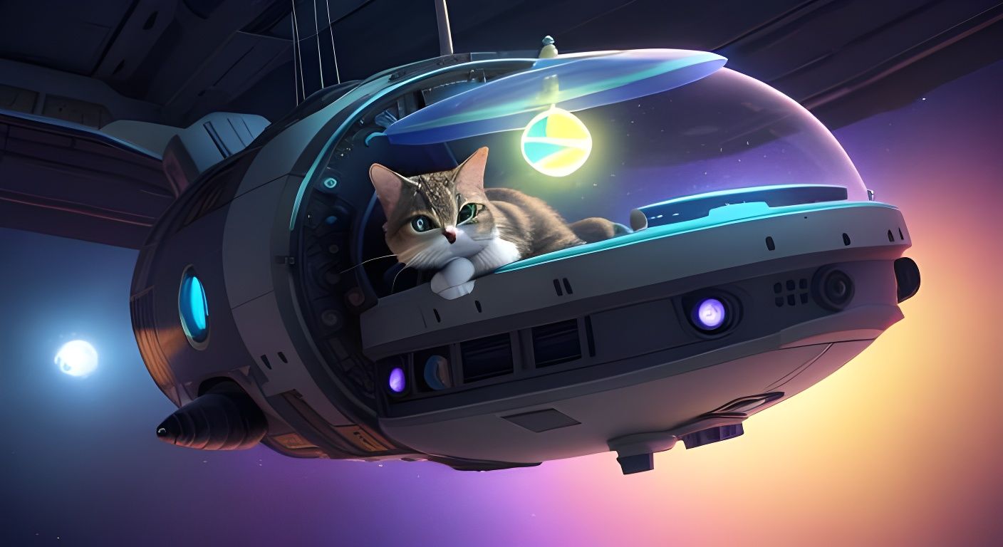 Cat in Spaceship Chasing Yarn: 3D Digital Art
