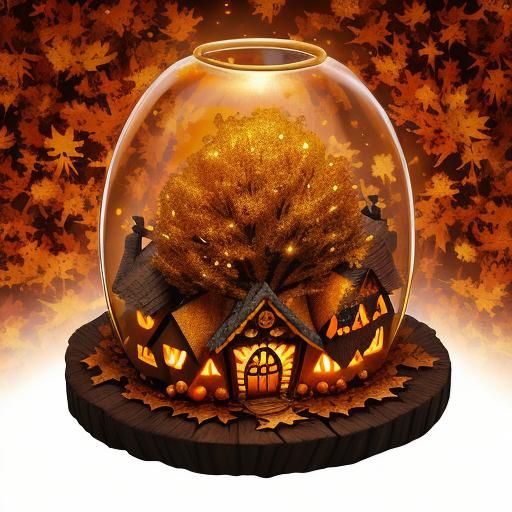 Autumn Scene Inside Pumpkin with Gold Glitter