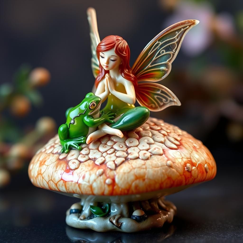 Enameled Glass Fairy Figurine on Mushroom