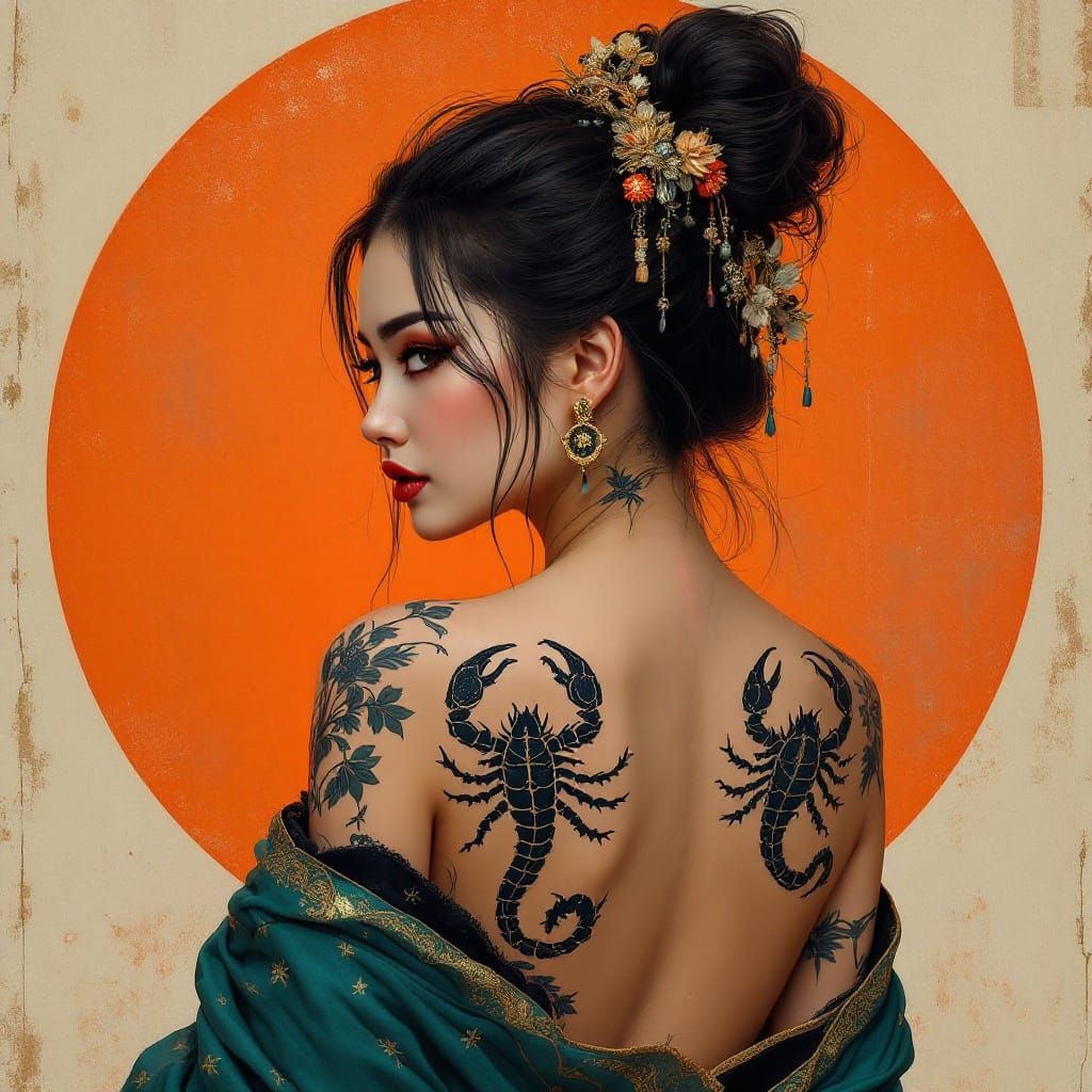 Traditional Asian Beauty with Scorpion Tattoo and Luxurious ...
