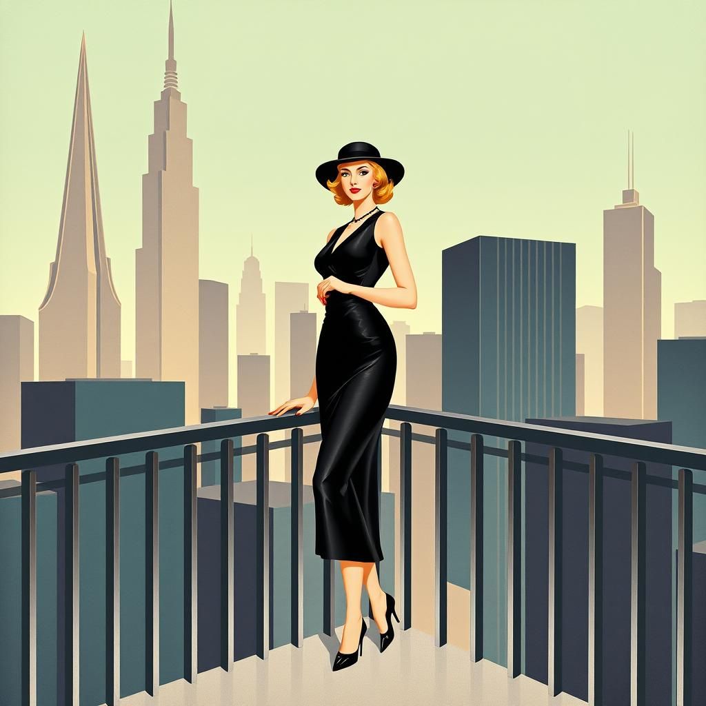 Art Deco Woman on Balcony with City Skyline
