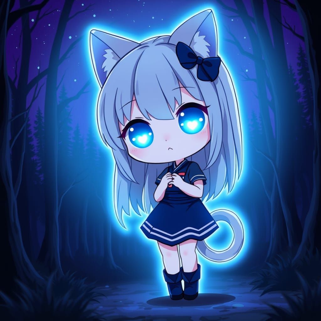 Synthwave Chibi Catgirl Illuminates Dark Forest Night