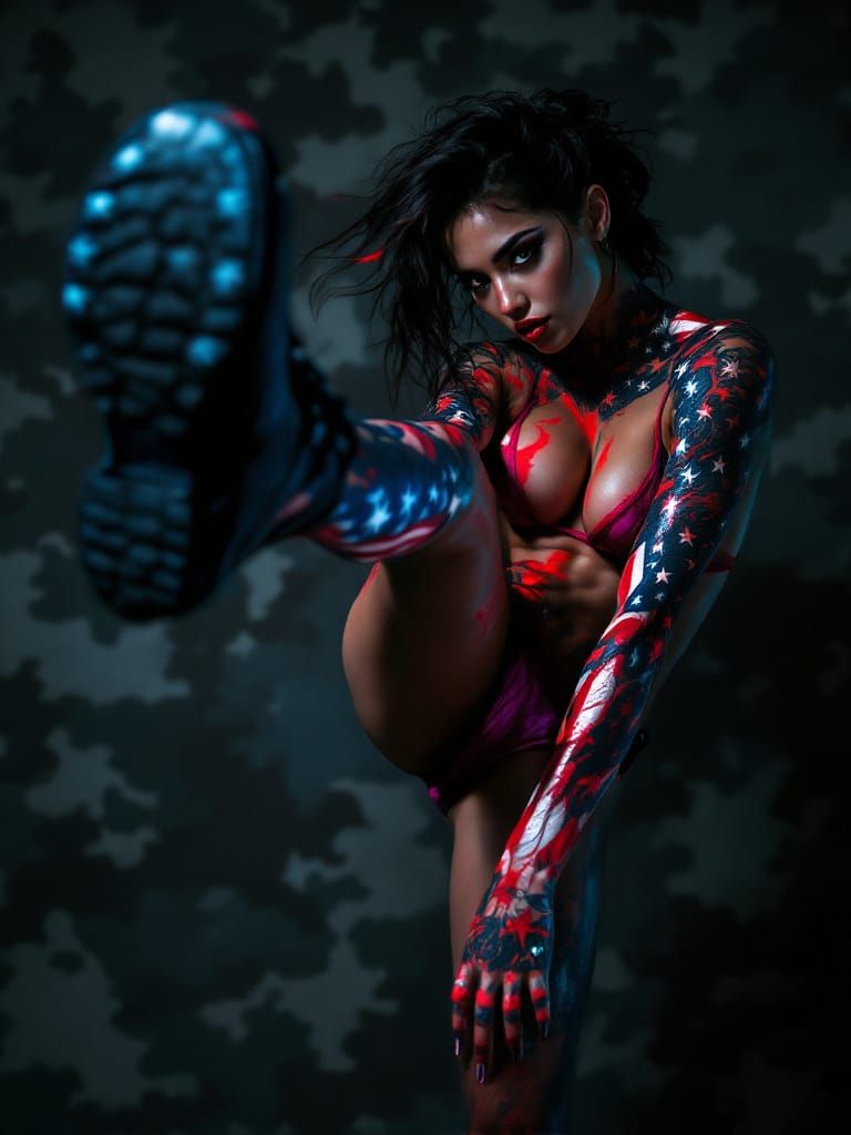 Patriotic Ingenue Karate Kick with American Flag Tattoos