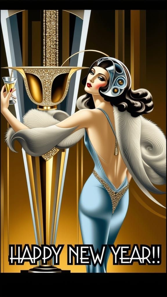 Art Deco Woman in Blue Dress with Chromed Helmet