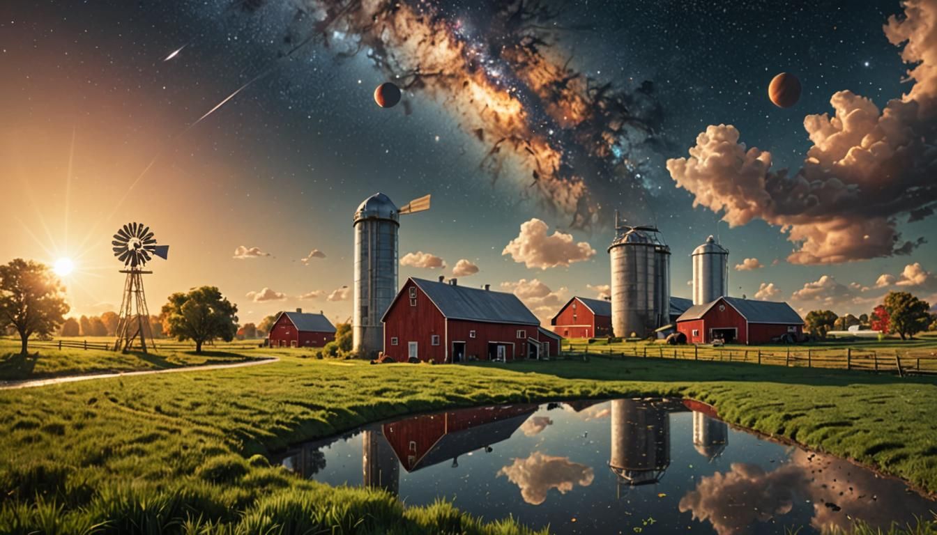 Surreal Farm Floating in Space: Hyperrealistic Artwork