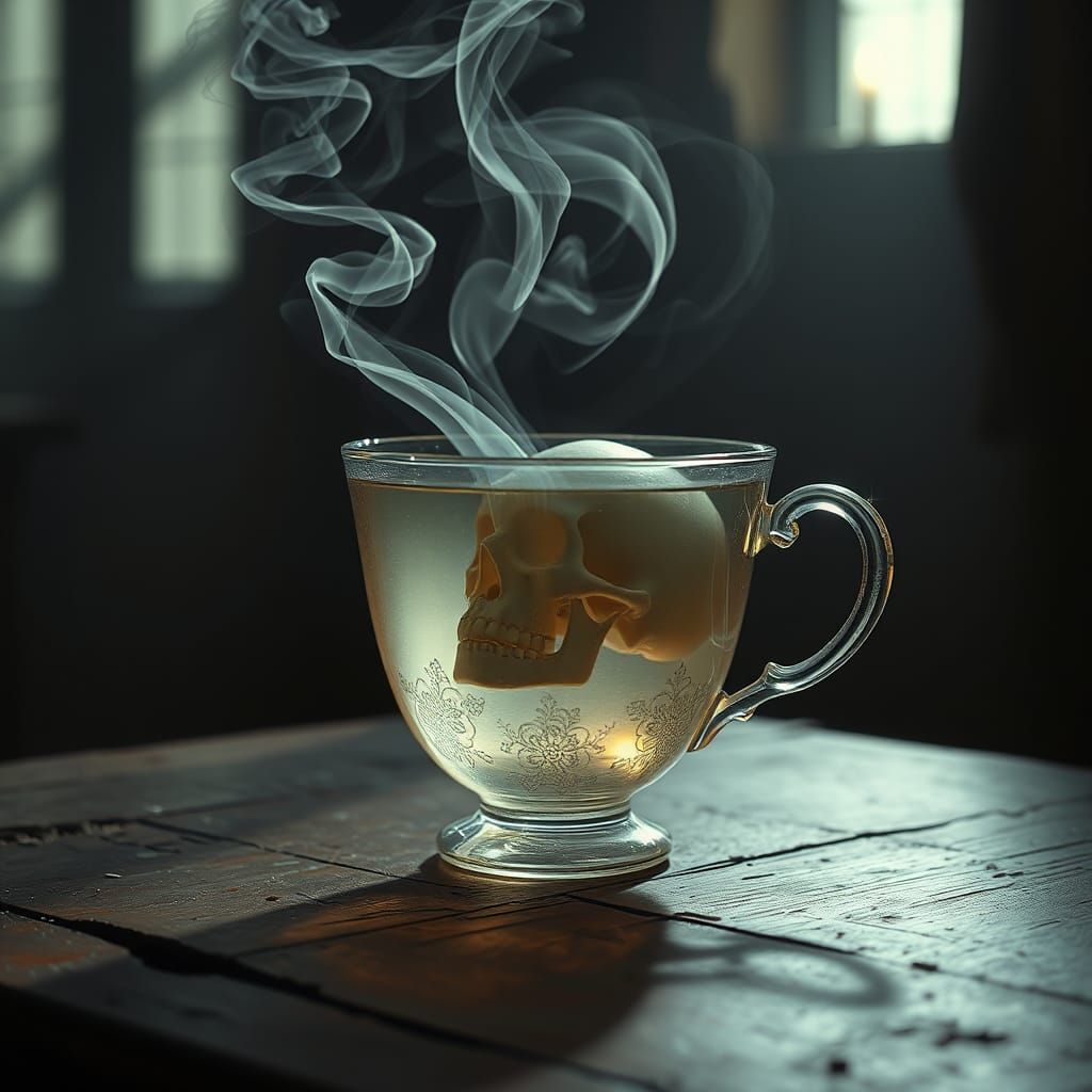 Ethereal Teacup Skull in Dark Room