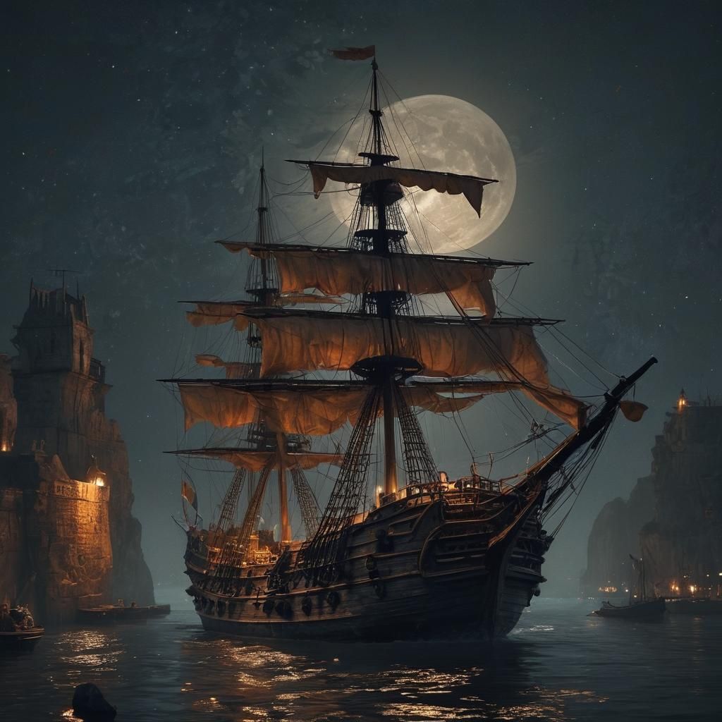 Galleon Ship at Harbour Under Full Moon