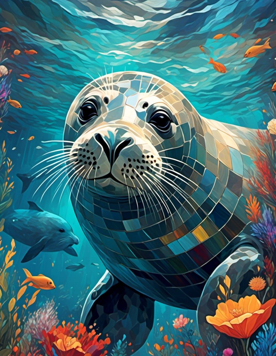 Grey Seal in Stained Glass Mosaic Style