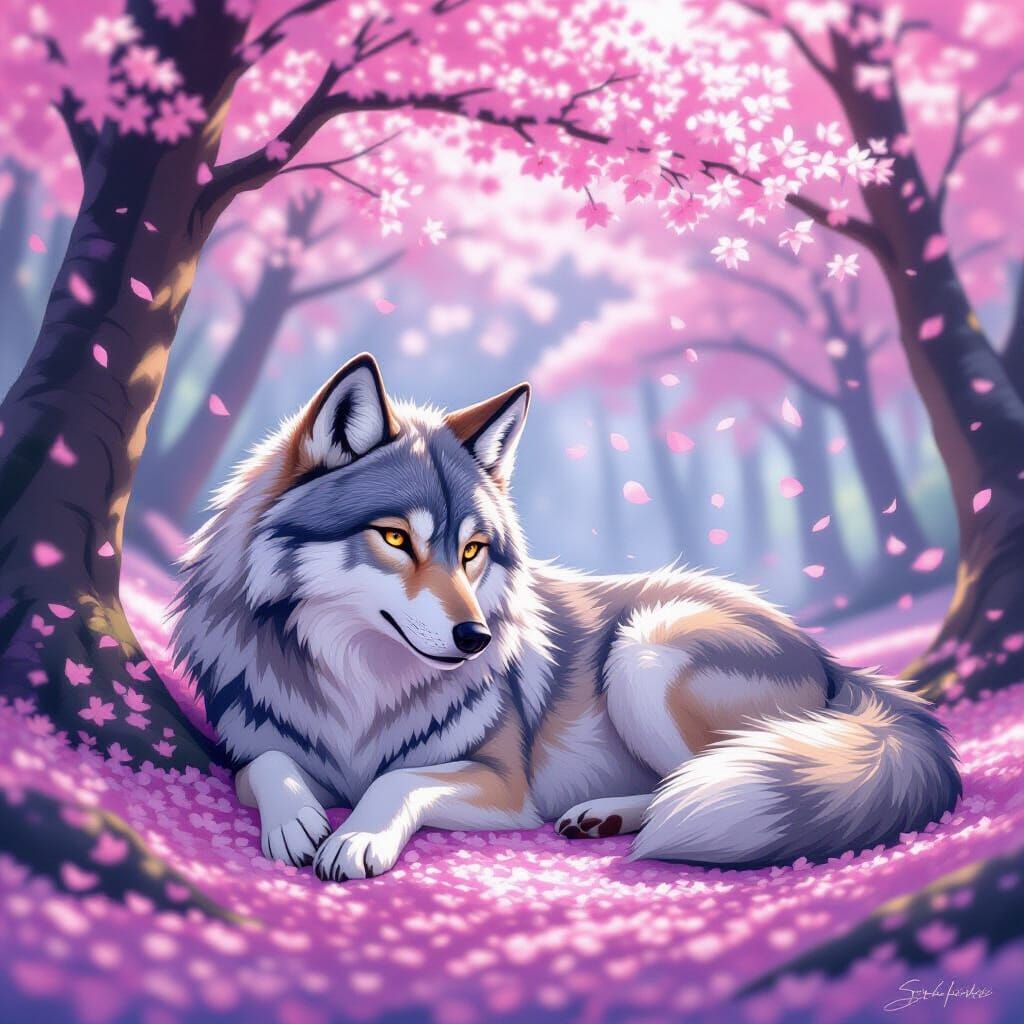 Wolf in Cherry Blossom Forest, Studio Ghibli Style