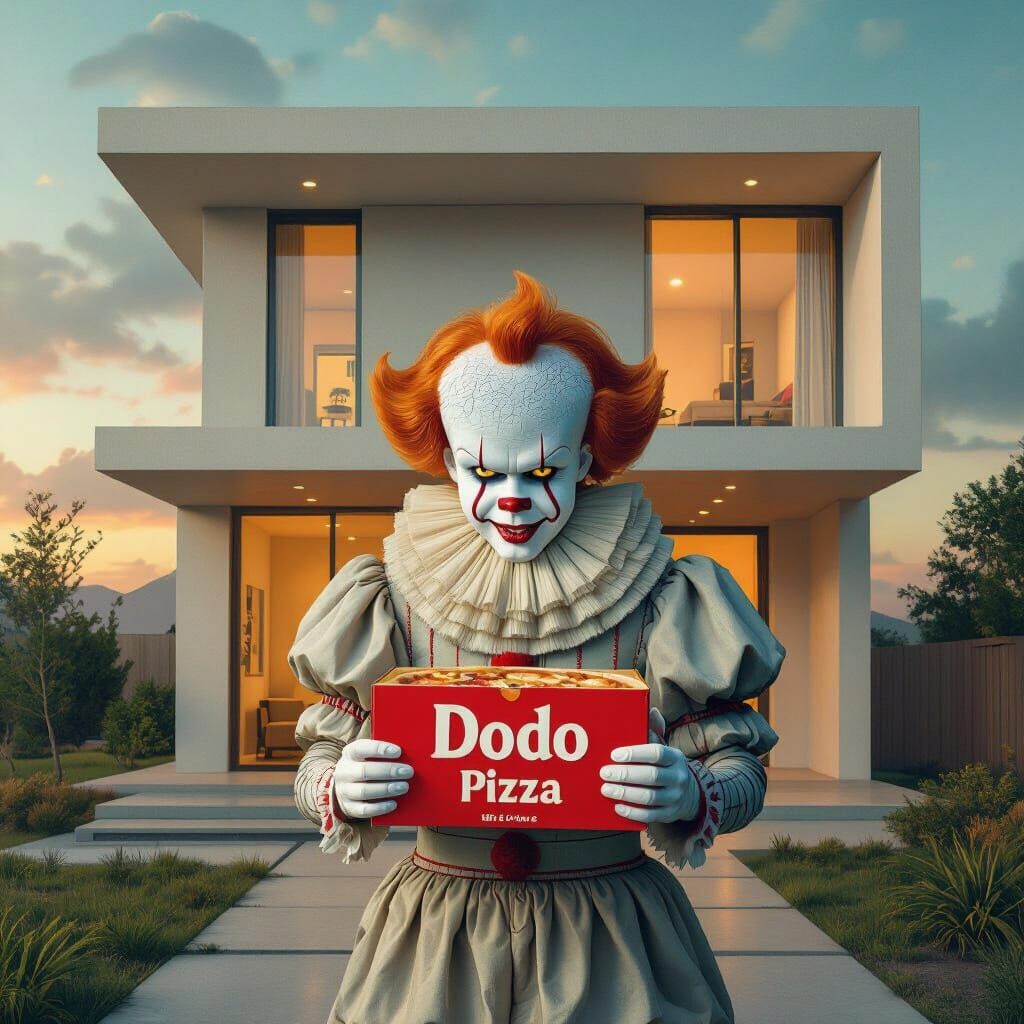 Pennywise with Pizza Before Minimalist House in Surreal Styl...