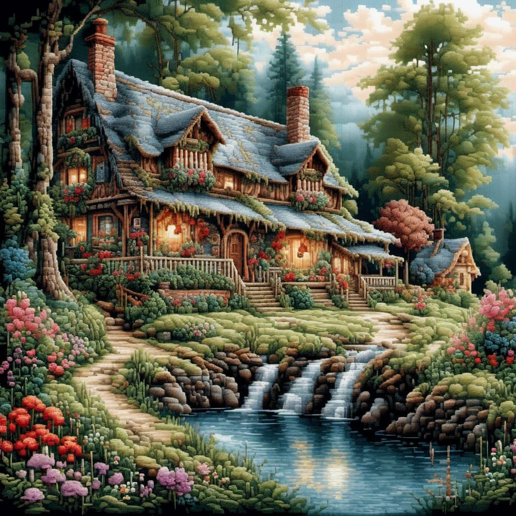 Cross Stitch Cottage in Woods by Creek