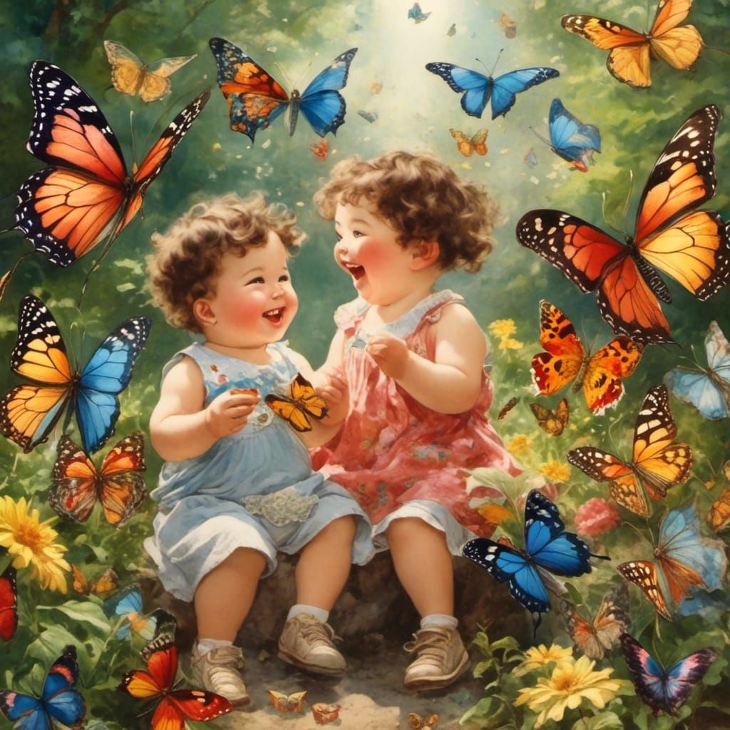 Toddlers Laughing with Butterflies in Anime Style