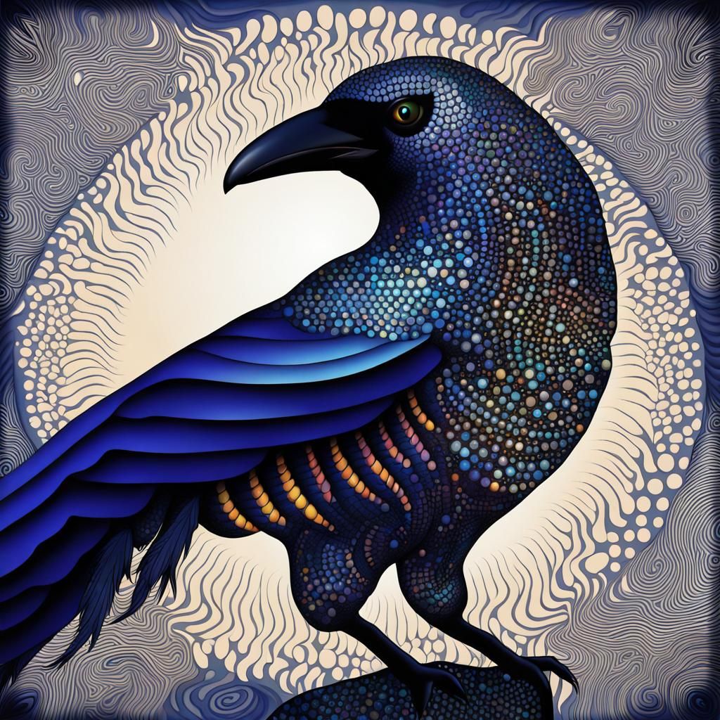 Rainbow Crow in Native Dot Painting Style