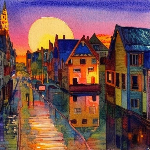 Miniature Sunset Town in Gouache Watercolor Style