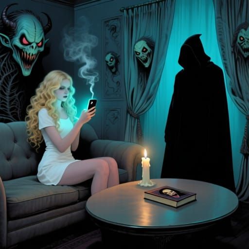 Woman on Couch with Demonic Faces in Dark Fantasy Horror Sty...