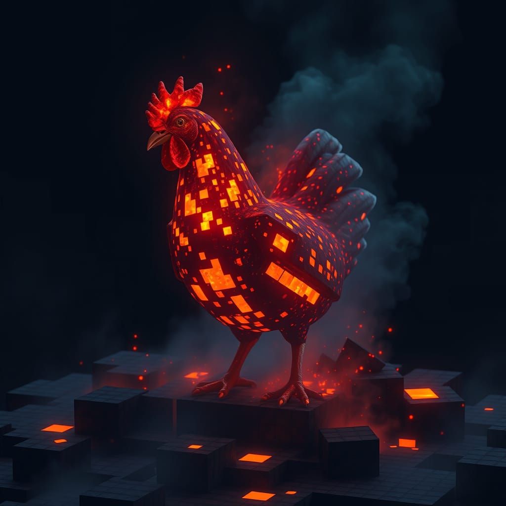 Minecraft Pixel Art Lava Chicken in Neon Cyberpunk Style